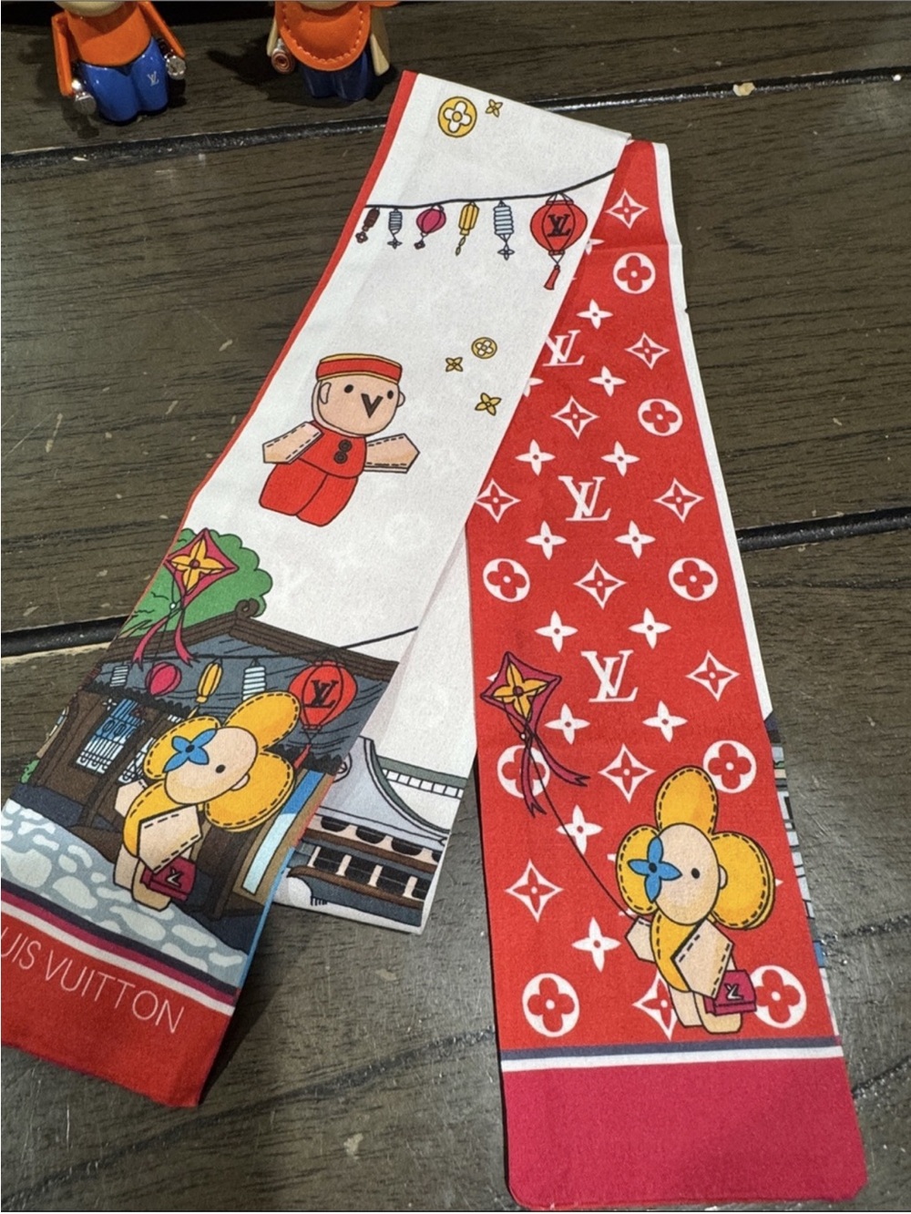 Louis Vuitton Red and White Twilly Scarf Hair Ribbon